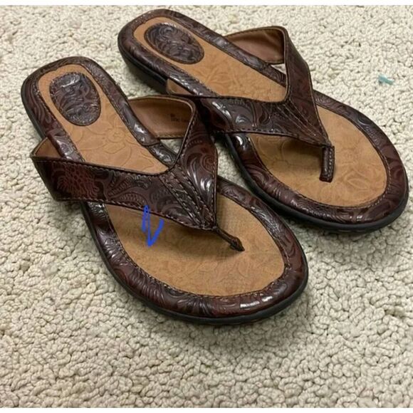 BOC Women's Size 11 Leather Sandals Flip Flops Thongs Brown Island Floral Brown - Picture 1 of 8
